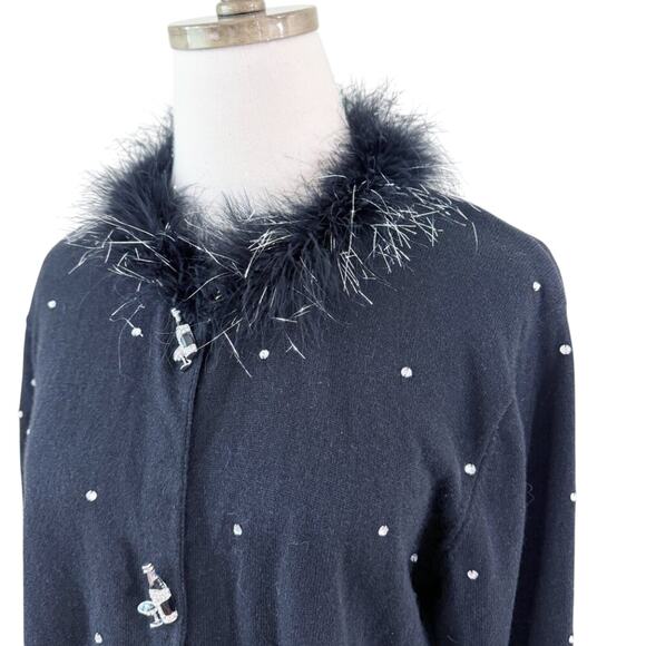 Vintage Y2K Black Cardigan w Feathers Women's Sz XL Button Up Rhinestone Accents - Picture 2 of 8